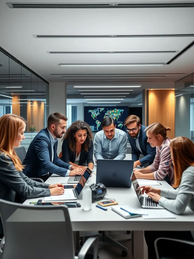 A diverse team of IT professionals collaborating on a data analytics project, showcasing the collaborative nature of Cynapta's services.