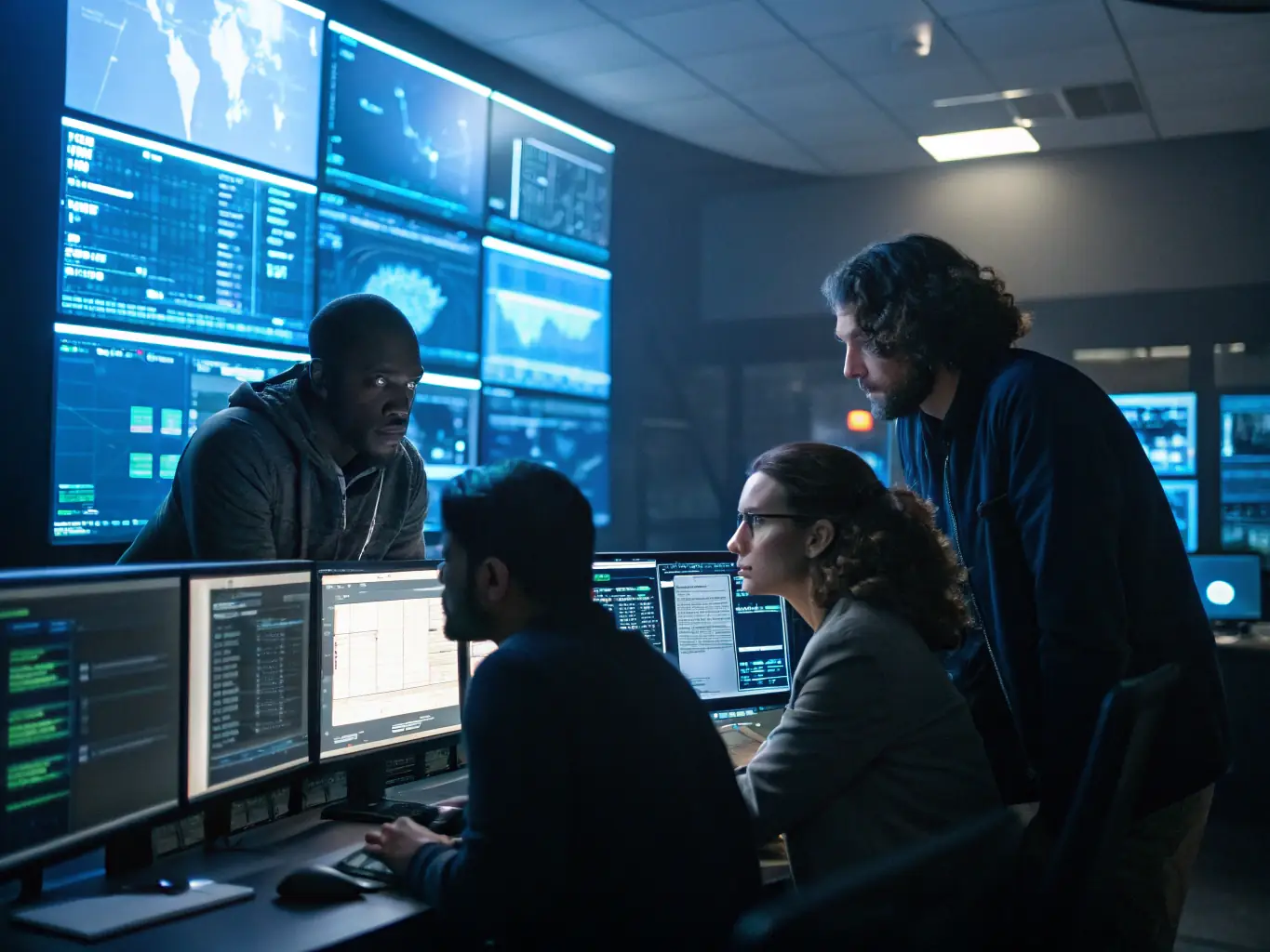 A professional workspace showcasing a team of IT support specialists collaborating on a database monitoring dashboard, reflecting the Bronze support level's focus on essential monitoring services.