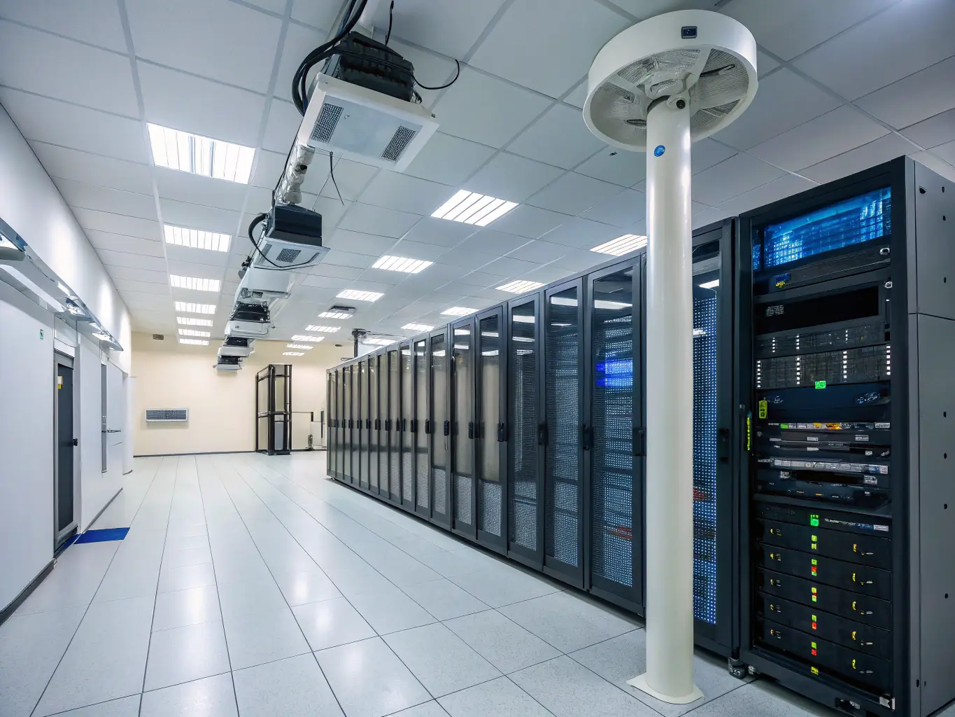 A secure data center environment with multiple servers and advanced security measures, representing the Gold support level's commitment to comprehensive management and disaster recovery.