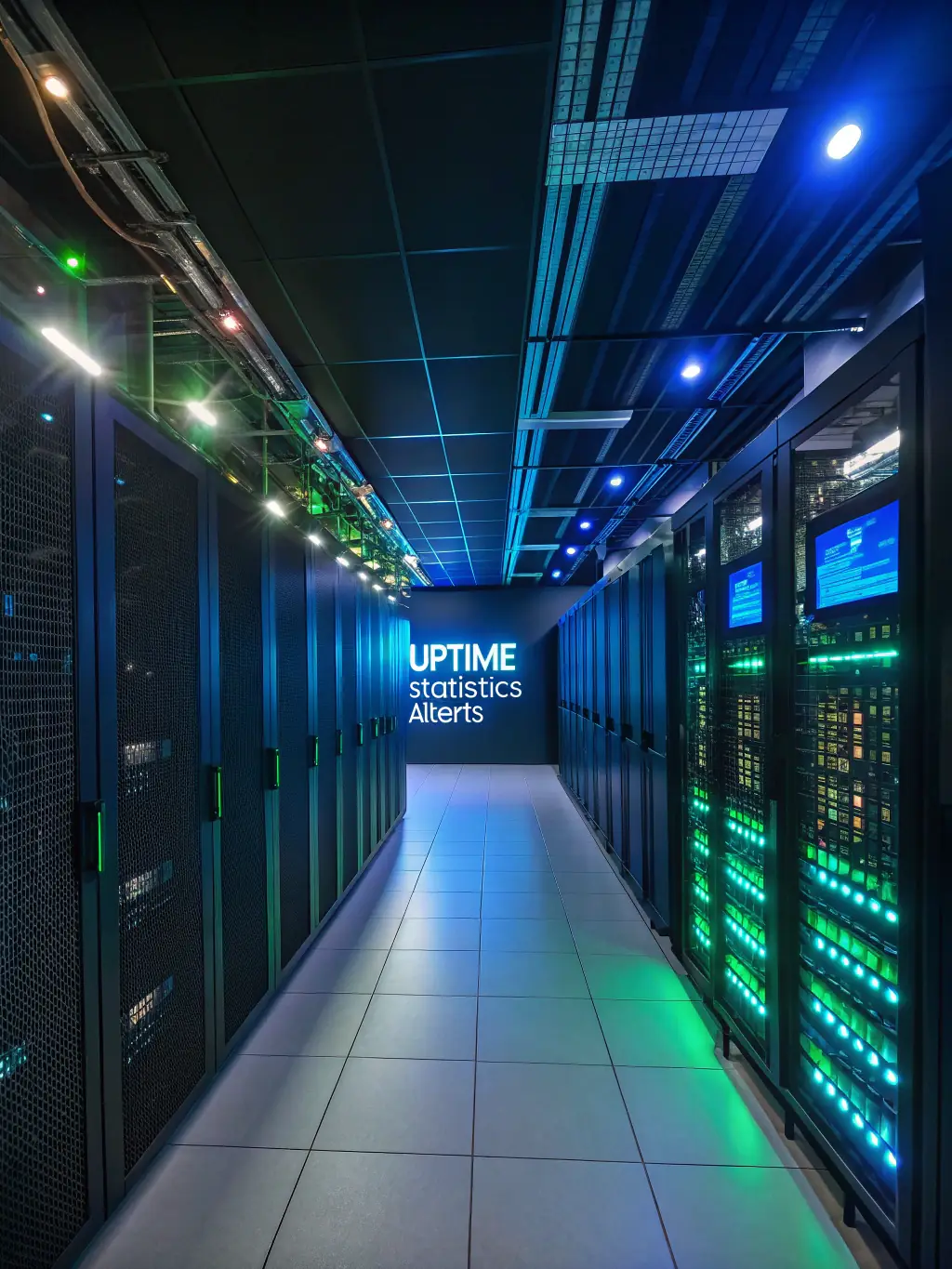 A server room filled with blinking lights and humming servers, symbolizing the power and reliability of cloud solutions.