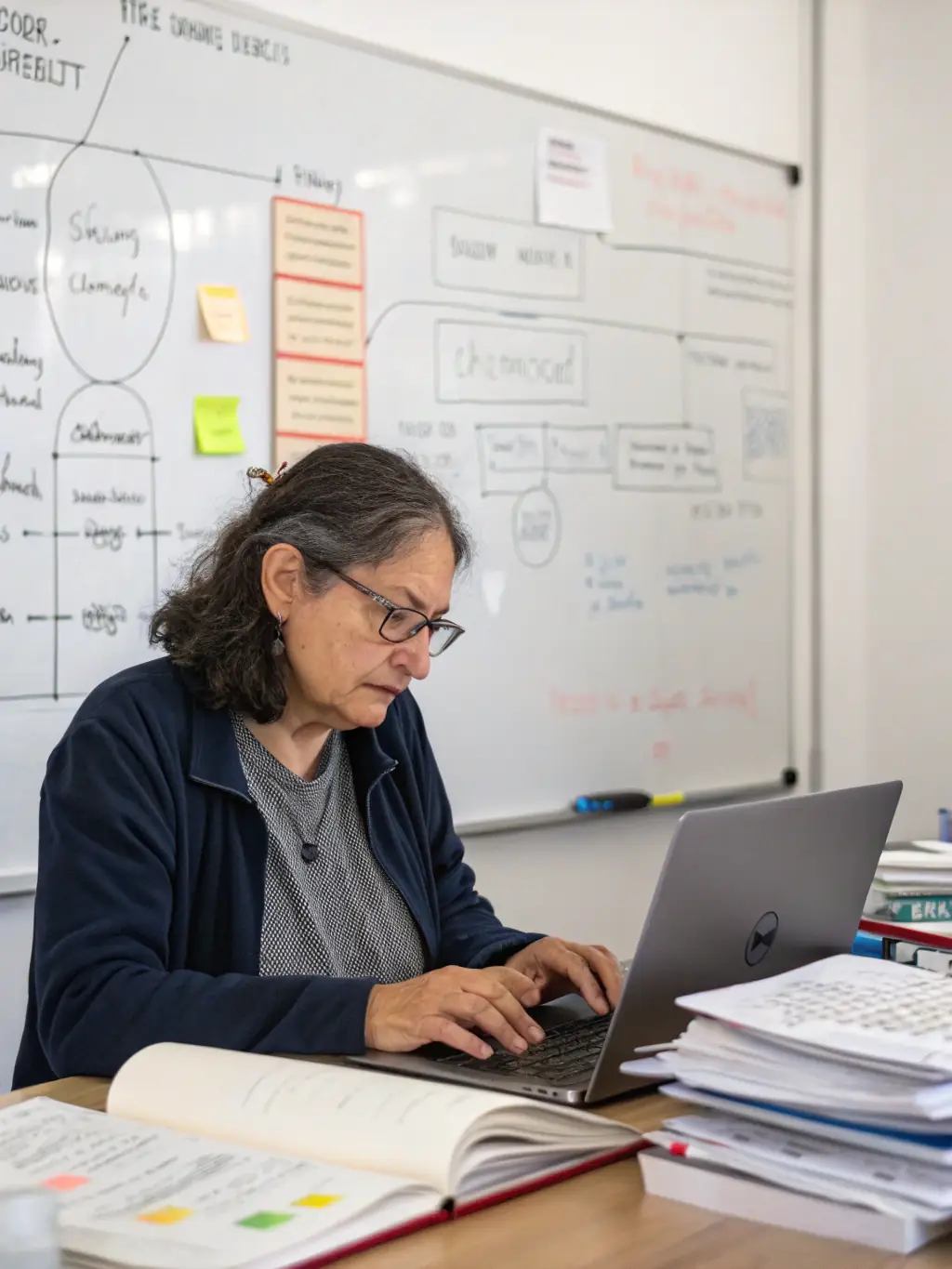 A professional database architect reviewing a complex database schema on a large monitor, highlighting the intricacies of database design.