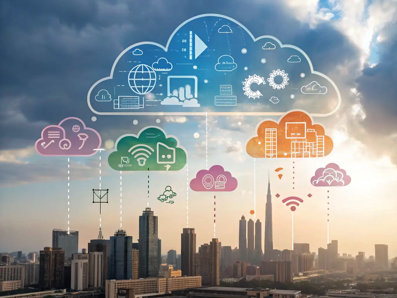 An illustration of cloud infrastructure with various AI/ML services (Azure ML, AWS SageMaker, GCP Vertex AI) seamlessly integrated, representing the flexibility and scalability of cloud-based solutions.