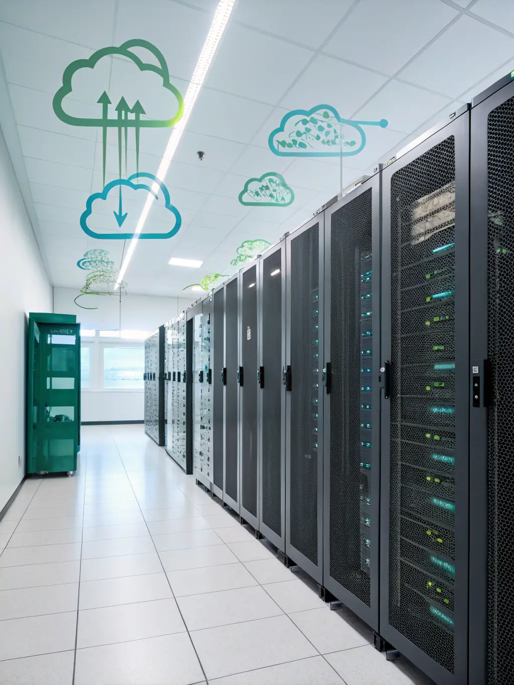 A detailed image of a data migration process from an on-premises server room to a cloud data center, visualized with data streams flowing between servers and cloud icons, representing Cynapta's expertise in seamless data transfer.