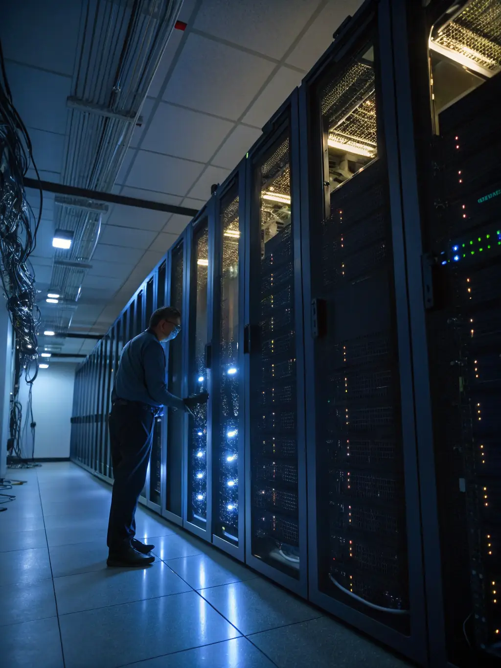 A professional photograph showing a secure data center with glowing servers, emphasizing data security and reliability for Cynapta's clients.