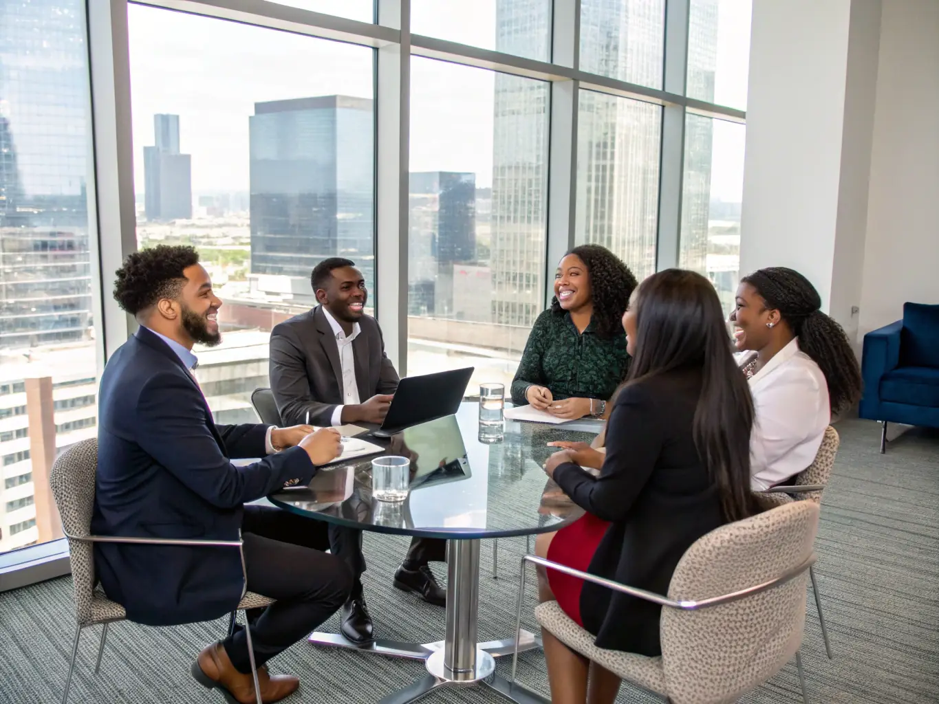A photograph of a diverse team of Cynapta employees collaborating in a modern, open-plan office space, with large windows and natural light, emphasizing teamwork and a positive work environment.