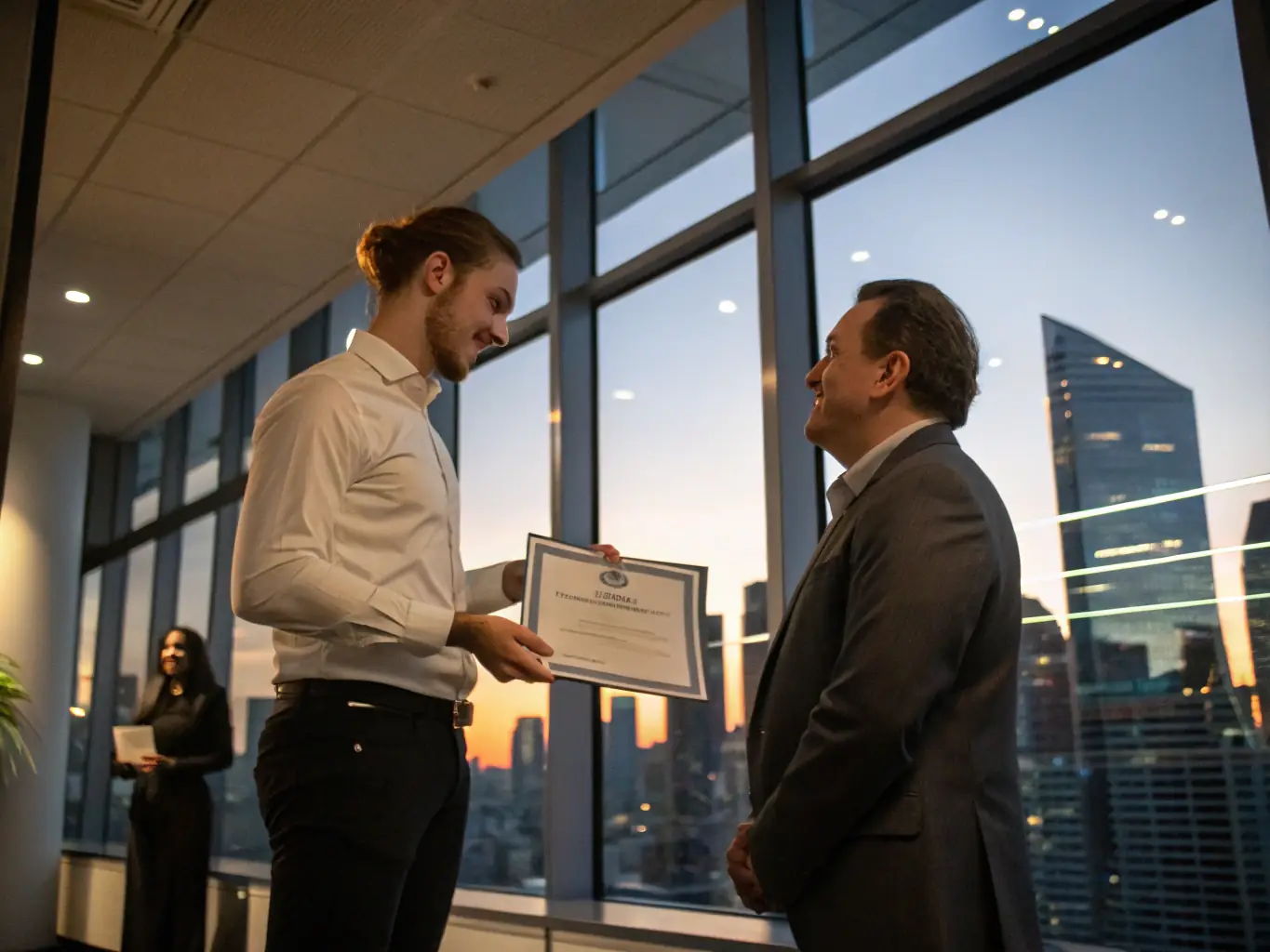 A photograph of a Cynapta employee receiving a certificate or award at a company event, with colleagues applauding in the background, highlighting recognition and growth opportunities.