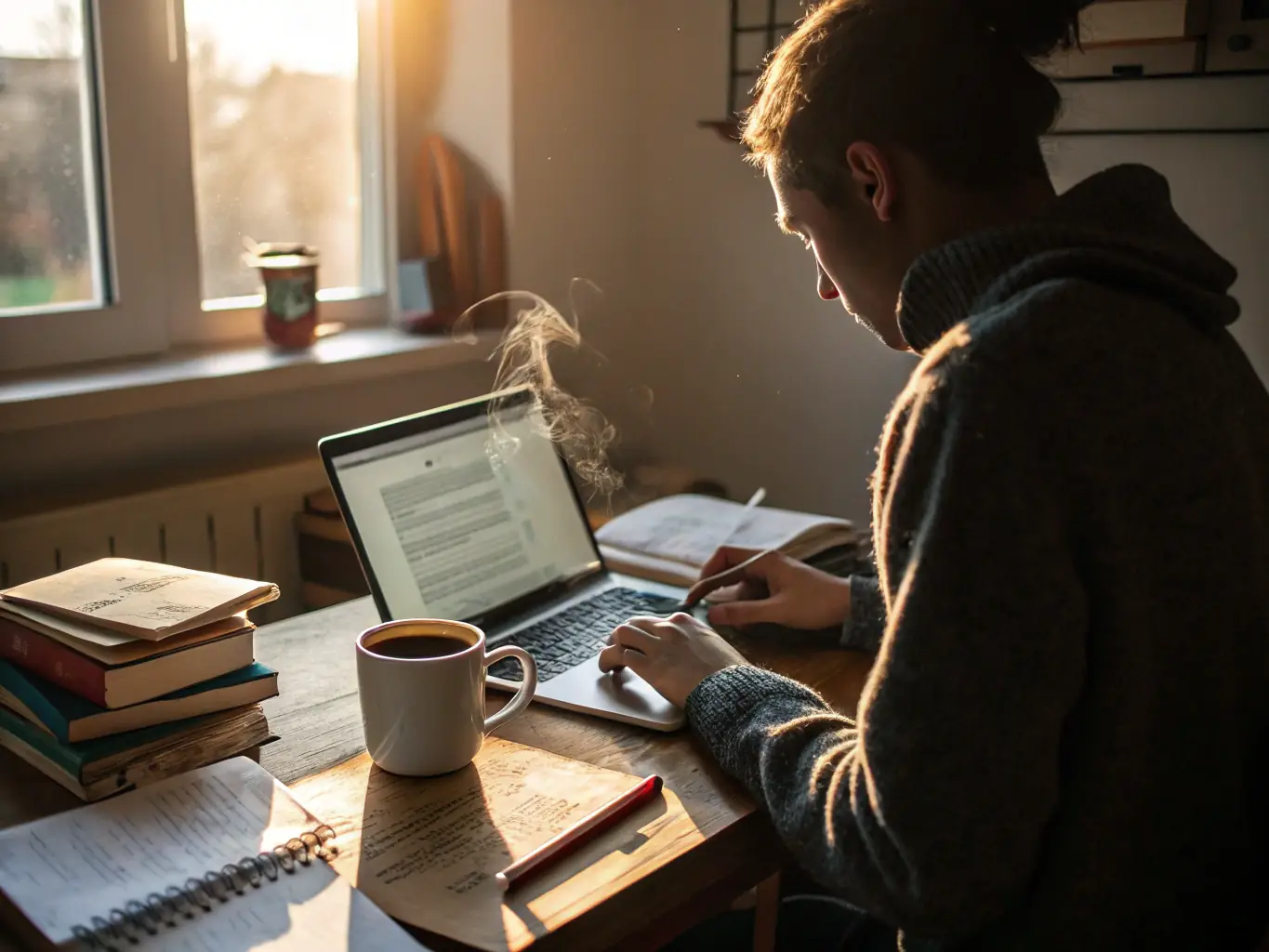An image depicting a person working comfortably from their home office, with a laptop, a cup of coffee, and a serene background, symbolizing work-life balance and flexibility.